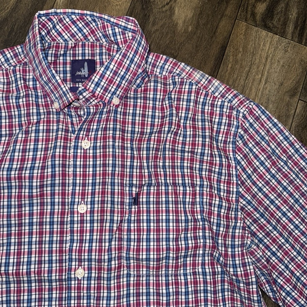 Johnnie O Shirt Men's Medium Maroon Blue Plaid Long Sleeve Bamboo Button Down